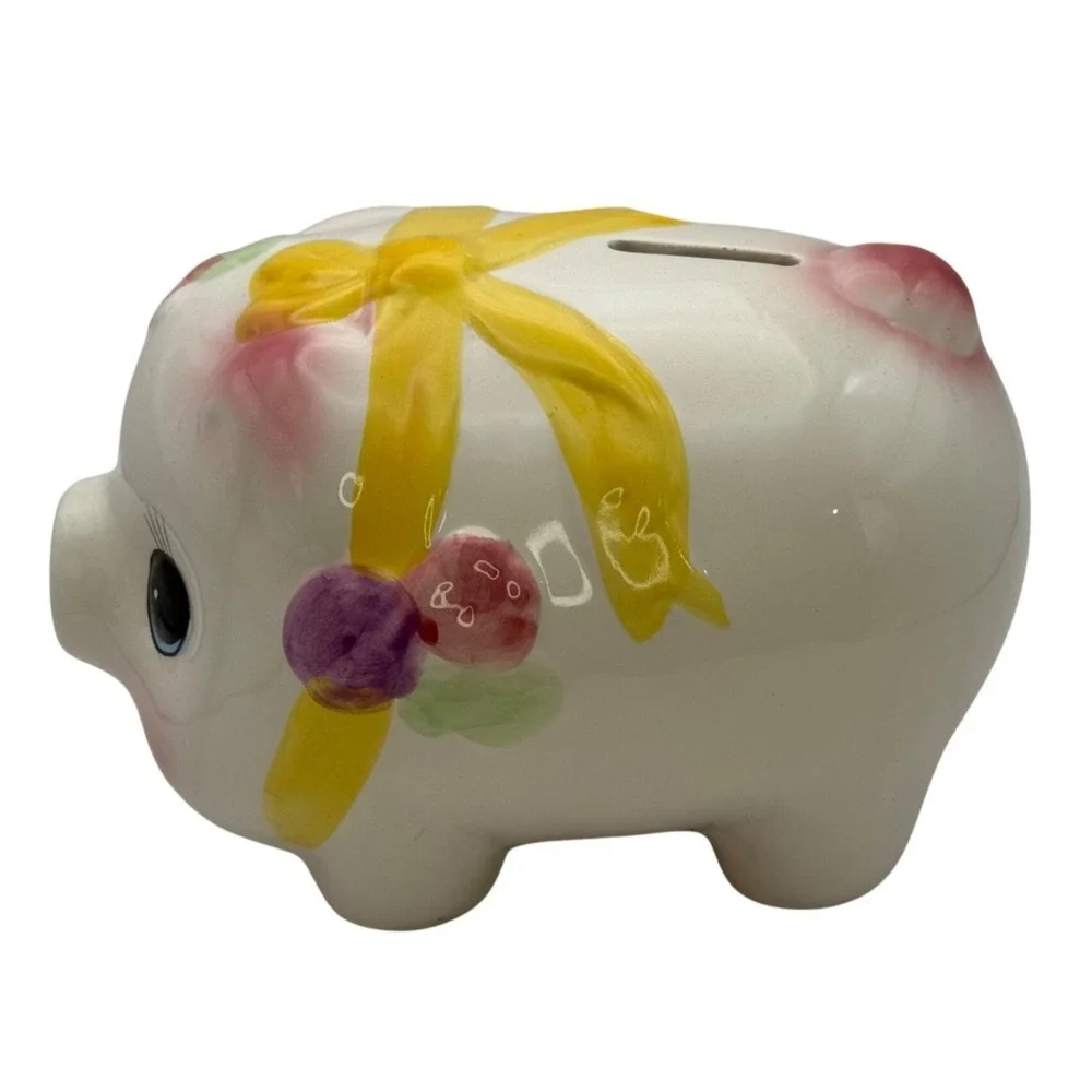 Vtg Ceramic Piggy Bank with Yellow Bow & Flowers Cute Coin Bank Nursery Decor